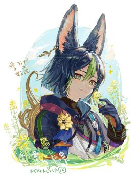 1boy animal_ear_fluff animal_ears black_gloves black_hair black_hood blush brown_eyes closed_mouth commentary_request drawstring flower flower_to_mouth fox_boy fox_ears from_side genshin_impact gloves green_eyes green_hair hair_between_eyes hand_up holding holding_flower hood hood_down looking_at_viewer looking_to_the_side male_focus medium_hair multicolored_eyes multicolored_gloves multicolored_hair orange_gloves pon2oo rapeseed_blossoms smile solo streaked_hair tassel tighnari_(genshin_impact) translation_request two-tone_eyes two-tone_gloves upper_body yellow_flower