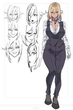 1girl black_socks black_vest blonde_hair breasts cleavage collared_shirt commentary_request dark-skinned_female dark_skin full_body gloves highres konoshita_kiyomasa mature_female multiple_expressions original partially_unbuttoned reference_sheet scarf shirt sketch socks solo vest white_gloves white_shirt