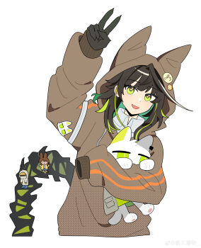 1girl :d absurdres ahoge amiya_(arknights) arknights arm_up black_hair brown_hoodie character_doll charm_(object) colored_inner_hair cropped_torso doctor_(arknights) doll fang green_eyes green_hair halftone highres hood hood_up hoodie huge_ahoge kal&#039;tsit_(arknights) long_sleeves looking_at_viewer medium_hair mon3tr_(arknights) multicolored_hair open_mouth outstretched_arm simple_background single_sleeve_past_fingers smile solo tail white_background wwfo_2
