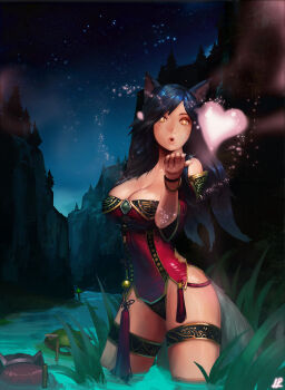 1boy 2girls ahri_(league_of_legends) animal_ears annie_(league_of_legends) bare_shoulders black_hair blowing_kiss breasts cleavage facial_mark fox_ears fox_tail heart highres instant_ip large_breasts league_of_legends long_hair multiple_girls night parted_lips revision tail teemo thighs water when_you_see_it whisker_markings yellow_eyes