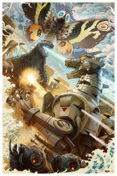 antennae atomic_breath blue_eyes breath_weapon bug building butterfly butterfly_wings caterpillar chest_beam chest_cannon city claws cloud compound_eyes cyborg day destruction dust electricity embers energy energy_beam energy_cannon energy_weapon epic evening exhaust explosion flying giant giant_monster giant_robot glowing glowing_eyes glowing_spikes godzilla godzilla:_tokyo_s.o.s. godzilla_(series) highres insect insect_wings kaiju kiryu_(godzilla) larva mandibles maser maser_beam maser_cannon mecha mechagodzilla military missile monster moth moth_wings mother_and_child mothra mouth_beam mouth_cannon no_humans no_pupils official_art open_mouth pablo_olivera plasma plasma_beam red_eyes robot scales scar scar_on_chest sharp_teeth siblings silk skyscraper smoke smoke_trail sparks spikes tail teeth textless_version toho tongue twilight twins type-4_triple_hyper_maser_cannon type-99_twin_maser_cannon variant_set water waterpaint waves weapon web wings yellow_eyes