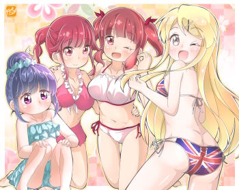 4girls bikini birthday blonde_hair blue_hair blush bow breasts company_connection hair_bun hair_ornament hairclip happy_birthday highres kin-iro_mosaic koisuru_asteroid kujou_karen long_hair looking_at_viewer manga_time_kirara multiple_girls one_eye_closed open_mouth purple_eyes red_eyes red_hair sakurai_chikage sakurai_mikage shima_rin single_hair_bun smile swimsuit takecho touyama_nao union_jack union_jack_bikini very_long_hair voice_actor_connection x_hair_ornament yurucamp