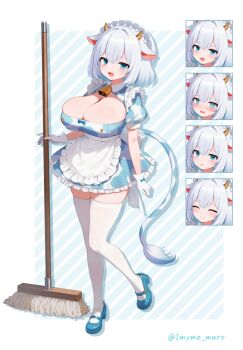 1girl @_@ animal_ears animal_print bell blue_background blue_dress blue_eyes blue_shoes breasts broom cleavage closed_eyes closed_mouth collared_dress commentary_request cow_ears cow_girl cow_horns cow_print cow_print_dress cow_tail cowbell diagonal-striped_background dress embarrassed gloves grey_hair highres horns large_breasts maid maid_headdress marota multiple_views open_mouth shoes smile standing striped_background tail thighhighs twitter_username vlife wavy_mouth white_background white_gloves white_thighhighs
