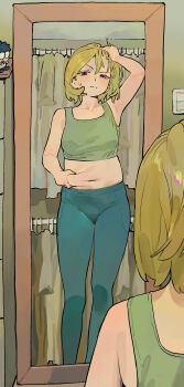 1boy 1girl absurdres arm_up armpits blonde_hair blue_pants camisole character_doll chaucer_(some1else45) cigarette doll green_camisole highres holding holding_cigarette indoors midriff mirror navel original pants plump red_eyes reflection sekoshi_(some1else45) short_hair some1else45 standing weight_conscious