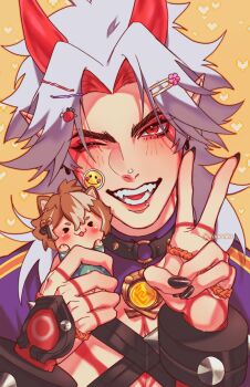 2boys arataki_itto black_nails blush body_markings character_doll colored_inner_hair commentary doll earrings facepaint fangs genshin_impact gorou_(genshin_impact) hair_ornament hairclip holding holding_doll horns jewelry long_hair looking_at_viewer male_focus multicolored_hair multiple_boys one_eye_closed open_mouth pointy_ears red_eyes red_hair red_horns symbol-only_commentary teeth v vanreito vision_(genshin_impact) white_hair