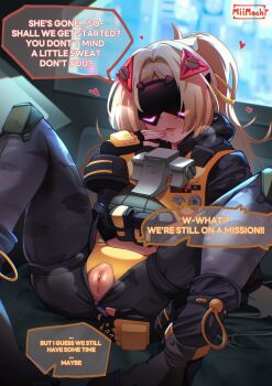 1girl absurdres artist_name black_gloves black_pants blindfold_mask blonde_hair blush bulletproof_vest camouflage camouflage_pants car_interior commentary english_commentary english_text eye_mask fingerless_gloves gloves heart highres long_hair mask miimach7 pants parted_lips ponytail pussy pussy_cutout solo speech_bubble spread_legs trigger_(zenless_zone_zero) uncensored zenless_zone_zero