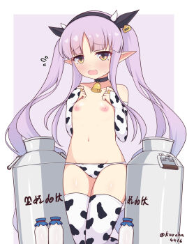 1girl absurdres animal_ears animal_print bell bikini bikini_bottom_only blush cow_print cowbell elf fake_animal_ears highres horns kuroha_koudai kyoka_(princess_connect!) loli long_hair navel nipples pointy_ears princess_connect! print_bikini purple_hair solo swimsuit thighhighs twintails variant_set