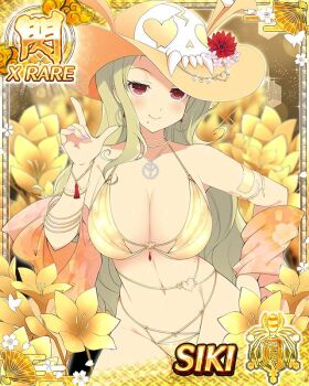 1girl belly_chain bikini blonde_hair border bracelet breasts card_(medium) character_name cleavage closed_mouth floral_background flower game_cg gold_armband gold_bikini gold_flower gold_hat groin hand_on_own_hip hat hat_flower jewelry large_breasts long_hair looking_at_viewer middle_part mole mole_under_mouth multiple_bracelets nail_polish navel necklace o-ring o-ring_belly_chain official_art parted_bangs peace_symbol pointing pointing_up red_eyes red_flower senran_kagura senran_kagura_new_wave shiki_(senran_kagura) skindentation skull_print smile solo sun_hat swimsuit third-party_source winged_hat