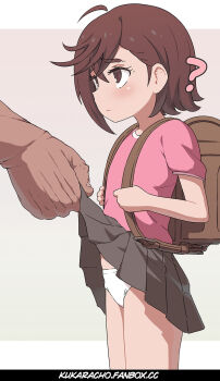 1boy 1girl ? age_difference aged_down ahoge ayase_momo backpack bag blush brown_eyes brown_hair clothes_lift confused dandadan deep_skin hetero highres legs lifting_own_clothes loli looking_at_another looking_up medium_hair panties qkracho_(thesdroz) shirt skirt skirt_lift standing thighs underwear white_panties