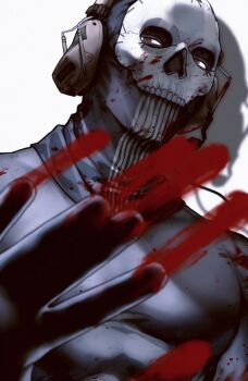 Rule 34 | 1boy, black gloves, black shirt, blood, blood on clothes, blood on hands, blood on mask, call of duty, call of duty: modern warfare 2, ghost (modern warfare 2), gloves, headphones, highres, large pectorals, male focus, mask, muscular, muscular male, pectorals, shirt, skull mask, solo, zhyphenth