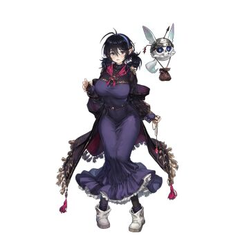 1girl 1other arrow_(projectile) arrow_in_body arrow_in_head black_cape black_hair black_socks breasts brown_dust_(series) brown_dust_2 cape claw_pose crack dress elf eyebrows_hidden_by_hair familiar floating_head frilled_dress frills full_body hair_between_eyes hairband helmet holding holding_jewelry holding_necklace isaac_(brown_dust_2) jewelry knees_together_feet_apart large_breasts loen_(brown_dust_2) loen_(last_hope)_(brown_dust_2) long_dress long_hair looking_at_viewer necklace object_through_head official_art pointy_ears purple_dress purple_hairband second-party_source skin_tight socks tachi-e white_footwear