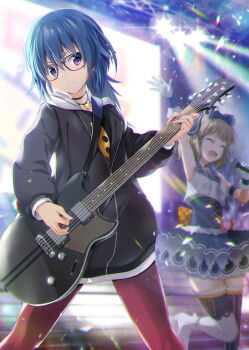 2girls :d alice_gear_aegis arm_up armpits black-framed_eyewear black_jacket blonde_hair blue_eyes blue_hair blue_skirt boots bow choker closed_eyes closed_mouth electric_guitar glasses gloves guitar hair_between_eyes hair_bow highres holding holding_instrument holding_microphone hood hood_down hoodie idol instrument itokura_neo jacket jewelry long_hair long_sleeves looking_at_viewer microphone multiple_girls music necklace open_mouth pantyhose playing_instrument purple_eyes shirt short_hair singing skirt sleeveless smile stage stage_lights standing standing_on_one_leg thighhighs white_gloves zb_(dawn-blue)