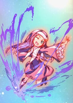 1girl arms_at_sides boku_wa_tomodachi_ga_sukunai boots capelet commentary_request dress fangs frilled_dress frills grey_eyes hair_ornament hat heart heart_hair_ornament highres knee_boots long_hair long_sleeves nun official_artist_extra one_eye_closed open_mouth smile solo splashing standing standing_on_one_leg takayama_maria watanabe_yoshihiro white_capelet wide_sleeves