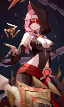 1girl absurdres black_dress black_hood blindfold breasts cleavage colored_blindfold commentary_request dress eremite_(faction) eremite_scorching_loremaster_(genshin_impact) fingernails genshin_impact highres large_breasts pink_hair sharp_fingernails solo user_rszt5334