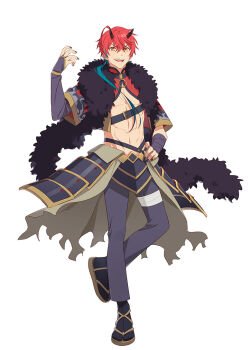 1boy abs armor bandaged_arm bandages belt black_horns black_socks cho_kaguya-hime! full_body fur_scarf grey_pants hand_on_own_hip hand_up highres horns japanese_armor japanese_clothes kusazuri long_sleeves looking_at_viewer male_focus mikado_akira_(cho_kaguya-hime!) multicolored_hair nail_polish official_art open_mouth pants red_hair sandals second-party_source short_hair simple_background smile socks solo standing standing_on_one_leg streaked_hair tachi-e v-shaped_eyebrows white_background yellow_eyes