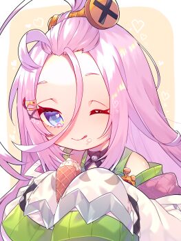 1girl ahoge aino_(genshin_impact) blue_eyes blush closed_mouth commentary_request food forehead genshin_impact hair_between_eyes hair_ornament heart heart_in_eye highres holding holding_food holding_ice_cream holding_ice_cream_cone ice_cream ice_cream_cone jacket long_hair_between_eyes long_sleeves looking_at_viewer one_eye_closed pink_hair renka_(sutegoma25) sleeves_past_fingers sleeves_past_wrists smile solo symbol_in_eye upper_body white_jacket