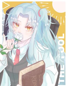 1girl angela_(project_moon) blue_hair book border collared_shirt commentary_request eyelashes flower highres holding holding_book holding_flower lobotomy_corporation looking_at_viewer milk_10days necktie outside_border project_moon red_necktie shirt side_ponytail solo white_border white_shirt yellow_eyes