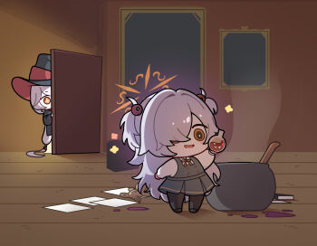 +_+ 2girls black_dress black_jacket black_pantyhose blue_archive blush book bright_pupils brown_ribbon cauldron chibi chibi_only commentary diagonal-striped_ribbon dress eri_(blue_archive) flask grey_hair hair_intakes hair_over_one_eye halo hat highres holding holding_flask indoors jacket kanoe_(blue_archive) ladle long_bangs long_hair long_sleeves low-tied_long_hair messy_hair messy_room multiple_girls open_door open_mouth orange_halo pantyhose paper parted_bangs peeking_out pinafore_dress ponytail portrait puffy_sleeves purple_liquid ribbon round-bottom_flask shirt short_twintails sleeveless sleeveless_dress smile steam symbol-only_commentary twintails uz_(uzru0428) very_long_hair voodoo_doll white_hair white_shirt witch_hat wooden_floor