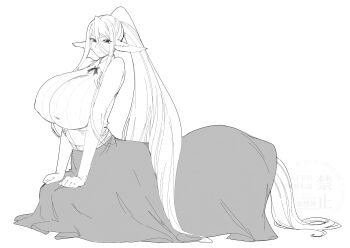 Rule 34 | 1girl, absurdres, animal ears, bare arms, breasts, centaur, centorea shianus, collared shirt, commentary request, covered erect nipples, from side, greyscale, hair between eyes, hakai shin, hands on own legs, highres, horse ears, horse tail, huge breasts, kneeling, long hair, long hair between eyes, looking at viewer, monochrome, monster girl, monster musume no iru nichijou, ponytail, ribbed shirt, shirt, simple background, skirt, sleeveless, sleeveless shirt, smile, solo, tail, taur, turning head, very long hair, watermark, white background