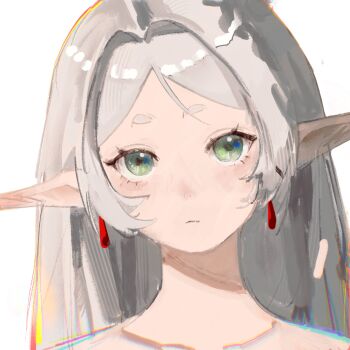 1girl blush closed_mouth double-parted_bangs earrings elf forehead frieren green_eyes grey_hair highres ikachyu jewelry looking_at_viewer pointy_ears solo sousou_no_frieren thick_eyebrows