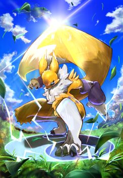 Rule 34 | blue eyes, body fur, digimon, digimon (creature), electricity, eye trail, full body, glowing, glowing eye, grass, highres, kitsune, light trail, outdoors, renamon, sigule (ama sigule), solo, standing, sunlight, yellow fur, yellow tail, yin yang