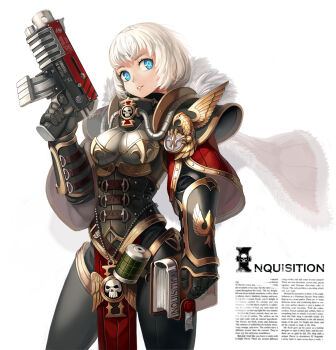 1girl adepta_sororitas armor beads bird blue_eyes bolter book breasts buckle cape eagle explosive feathers female_focus fleur-de-lis grenade gun highres holding jairou large_breasts looking_at_viewer parted_lips pauldrons power_armor purity_seal short_hair shoulder_armor silver_hair simple_background sisters_of_battle skull solo standing warhammer_40k weapon wings