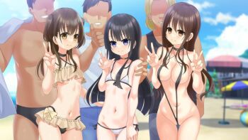 3boys 3girls areola_slip asymmetrical_bangs beach bikini black_bikini black_choker black_hair black_slingshot_swimsuit blue_eyes blunt_bangs blunt_ends blurry blurry_background brown_bikini brown_eyes brown_hair choker choppy_bangs cowboy_shot criss-cross_straps day double_v faceless faceless_male frilled_bikini frills game_asset hair_between_eyes hair_over_shoulder hand_on_another's_shoulder hiba_airi highleg highleg_bikini long_hair looking_at_viewer micro_bikini minamori_touka multiple_boys multiple_girls nanamiya_runa navel nervous nervous_smile non-web_source official_art parasol roshutsu-kei_mahou_shoujo sand self-datamine shitou_(4h) side-tie_bikini_bottom sidelocks slingshot_swimsuit smile straight_hair swimsuit thumbs_up two_side_up umbrella v w white_bikini