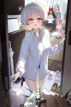 1boy 6+girls absurdres alternate_costume black_panties blue_eyes blush breasts closed_umbrella collared_shirt colored_inner_hair commentary dorothy_(nikke) earrings english_commentary goddess_(nikke) goddess_of_victory:_nikke highres holding jewelry liliweiss_(nikke) looking_at_viewer medium_breasts multicolored_hair multiple_girls no_pants notice_lines open_mouth opening_door orecalc3092 panties pink_hair pov pov_hands rapunzel_(nikke) red_hood_(nikke) scarlet_(nikke) shirt shoes short_hair snow_white_(innocent_days)_(nikke) snow_white_(nikke) standing the_legendary_commander_(nikke) umbrella underwear unworn_shoes white_hair white_shirt