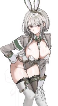 Rule 34 | 1girl, animal ears, bent over, between breasts, black survival, breasts, brown thighhighs, cleavage, closed mouth, detached collar, eternal return: black survival, fake animal ears, gloves, grey eyes, grey jacket, hairband, hand on own hip, hand on own knee, haze (black survival), highleg, highleg leotard, highres, jacket, large breasts, leotard, long hair, long sleeves, looking at viewer, necktie, necktie between breasts, official alternate costume, okchun, playboy bunny, rabbit ears, simple background, skindentation, solo, standing, strapless, strapless leotard, thigh gap, thighhighs, thighs, white background, white gloves, white hair, white leotard, white thighhighs
