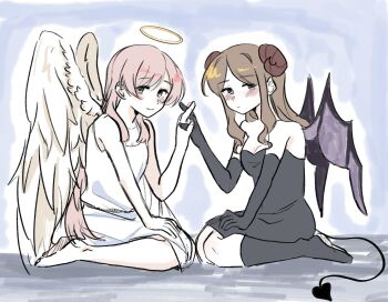 2girls angel_and_devil angel_wings bang_dream! bang_dream!_it&#039;s_mygo!!!!! barefoot black_dress black_gloves black_socks brown_hair chihaya_anon closed_mouth demon_tail demon_wings dress gloves grey_eyes halo highres horns kneehighs life_hater_art long_hair multiple_girls nagasaki_soyo no_shoes pink_hair sidelocks socks tail white_background white_gloves wings yuri