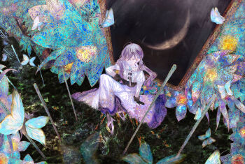 1girl absurdres ahoge arm_support artist_name black_gloves blue_eyes braid bug butterfly butterfly_hair_ornament collared_dress commentary_request crossed_bangs dress from_above gakuen_idolmaster glitter glitter_dress gloves hair_between_eyes hair_ornament highres idolmaster insect kaya_rinha knee_up long_dress looking_at_viewer mole mole_on_neck picture_frame purple_hair rainshower0705 shoes side_braid signature sitting solo twintails white_dress white_shoes wide_shot