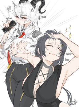 2girls bare_shoulders black_bow black_dress black_horns black_pants blush bow breasts closed_mouth commentary curled_horns dress english_commentary female_rover_(wuthering_waves) grabbing_another's_breast groping hair_ornament high-waist_pants highres horns huge_breasts jacket jacket_on_shoulders jujutsu_kaisen kakesu2396 long_hair looking_at_another low_ponytail meme multiple_girls naoya_hitting_choso_without_looking_(meme) outstretched_arm pants ponytail red_eyes rover_(wuthering_waves) shirt shirt_tucked_in side_slit sideboob skindentation sleeveless sleeveless_dress smile standing sweat tight_clothes tight_pants white_background white_hair wuthering_waves zani_(wuthering_waves)