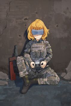 Rule 34 | 1girl, absurdres, blonde hair, boots, bullet hole, camouflage, camouflage jacket, camouflage pants, commission, commissioner upload, controller, curly hair, digital camouflage, gun, handgun, head-mounted display, highres, holding, holding controller, jacket, load bearing vest, non-web source, omiglop, pants, rubble, russo-ukrainian war, short hair, sitting, smile, solo, stechkin aps, tanya degurechaff, tanya degurechaff (sleepwalker), weapon, youjo senki