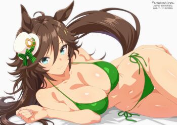 1girl animal_ears aqua_eyes artist_name bikini breasts brown_hair brown_tail cleavage closed_mouth commentary_request green_bikini hair_between_eyes hat horse_ears horse_girl horse_tail large_breasts long_hair looking_at_viewer lying mini_hat mini_top_hat mr._c.b._(umamusume) navel on_side side-tie_bikini_bottom simple_background smile solo stomach swimsuit tail thighs top_hat umamusume white_background white_hat yamaboshi_ryuu