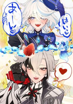 adjusting_hair arlecchino_(genshin_impact) ascot black_eyes black_gloves black_hair black_hands blue_dress blue_eyes blue_hair blush colored_extremities commentary_request dress food fruit furina_(genshin_impact) genshin_impact gloves grey_jacket hand_up happy heart highres holding holding_spoon jacket medium_hair msu359_shin multicolored_hair offering_food open_mouth outstretched_hand red_lips sparkle speech_bubble spoken_heart spoon straight-on strawberry symbol-shaped_pupils talking teeth translation_request two-tone_hair upper_teeth_only white_hair x-shaped_pupils