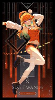 1girl :d armpits beret bilingual_commentary black_shoes breasts buttons card_(medium) character_name chef_hat colored_inner_hair commentary detached_sleeves double-breasted english_commentary english_text feathers full_body gradient_hair green_feathers green_hair hair_flaps hand_up hat highres hololive hololive_english ishihara_(kuniyoshi) looking_at_viewer medium_breasts midriff mini_hat miniskirt mixed-language_commentary multicolored_hair multiple_hats navel open_mouth orange_hair orange_hat orange_skirt orange_vest outstretched_arm purple_eyes ribbed_sleeves shoes skirt smile sneakers solo takanashi_kiara takanashi_kiara_(1st_costume) tarot tarot_(medium) teeth thighhighs upper_teeth_only vest virtual_youtuber watermark white_hat white_thighhighs