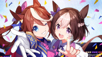 2girls absurdres animal_ears bison_cangshu blue_eyes brown_hair gloves highres long_hair multiple_girls necktie open_mouth purple_eyes screen short_hair special_week_(special_dreamer)_(umamusume) special_week_(umamusume) tokai_teio_(peak_joy)_(umamusume) tokai_teio_(umamusume) umamusume white_gloves