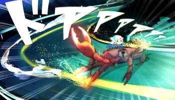 1girl :3 absurdres aqua_eyes arm_up black_eyes blush commentary crab crab_claw drifting english_commentary eyestalks fins fish_tail gawr_gura gawr_gura_(1st_costume) glowing glowing_eyes hair_ornament highres hololive hood hood_down hoodie initial_d medium_hair minchi_(anda) motion_blur mountainous_horizon night pincers railing riding riding_animal road shark_hair_ornament shark_tail short_twintails sky smoke solid_circle_eyes solo sparks street tail translated tree twintails virtual_youtuber white_hair