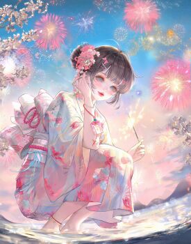 1girl animal_print anklet barefoot blue_eyes bracelet brown_hair cherry_blossoms closed_mouth fireworks floral_print flower full_body hair_bun hair_flower hair_ornament highres holding japanese_clothes jewelry kimono large_variant_set looking_at_viewer makeup obi original outdoors pink_flower print_kimono sash short_hair single_hair_bun sky smile solo sparkler squatting variant_set water white_kimono wide_sleeves xixizi