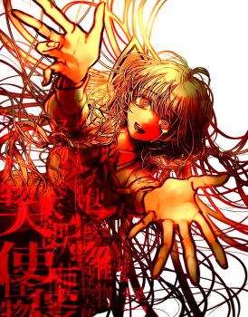 Rule 34 | 1girl, andou (and y u), bow, bowtie, braid, braided sidelocks, choppy bangs, collared shirt, commentary request, crying, crying with eyes open, hair spread out, highres, long hair, looking at viewer, messy hair, open mouth, outstretched arms, partially colored, partially shaded face, sayonara wo oshiete, school uniform, shirt, smile, sugamo mutsuki, tears, twin braids, white background