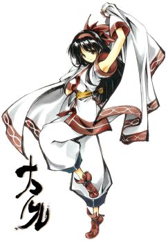1girl ainu_clothes arm_up armpits black_hair breasts brown_eyes character_name fingerless_gloves from_side gloves hair_ribbon highres japanese_text leg_lift leg_up legs long_hair looking_at_viewer nakoruru pants ribbon samurai_spirits small_breasts smile snk solo the_king_of_fighters thighs translated weapon