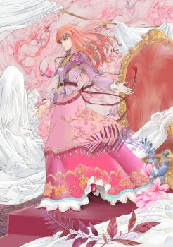 1girl absurdres belt blanket breasts brown_eyes capelet carpet closed_mouth commentary_request dress elle_(tenchi_souzou) flower fujiwara_kamui full_body highres layered_dress long_hair long_sleeves pink_dress pink_flower pink_hair small_breasts solo standing statue tenchi_souzou throne