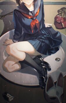 1girl arm_support bai_rui black_hair black_shoes black_socks blue_sailor_collar blue_shirt blue_skirt brooch closed_mouth commentary_request doll eye_mask eyes_out_of_frame fox_mask head_out_of_frame highres jewelry kneehighs loafers long_sleeves mask neckerchief on_plate plate pleated_skirt red_neckerchief sailor_collar school_uniform serafuku shimizu_hinako shirt shoes short_hair silent_hill_(series) silent_hill_f sitting skirt socks solo unworn_mask
