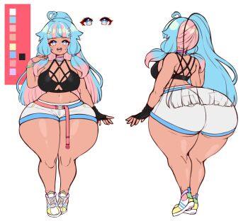 1girl 2021 absurdres ahoge ass asymmetrical_gloves belt black_bra black_gloves blue_eyes blue_hair blue_trim bra breasts cleavage color_guide commentary criss-cross_halter curvy dark-skinned_female dark_skin english_commentary female_focus fingerless_gloves full_body gloves halterneck heart heart_ahoge highres huge_ass jacket jewelry jojobee large_breasts legs_together long_hair long_sleeves low-tied_sidelocks matching_hair/eyes midriff mina_(jojobee) multicolored_eyes multicolored_hair multiple_views navel original pink_eyes pink_hair reference_sheet ring shoes short_hair shorts sidelocks simple_background sneakers star-shaped_pupils star_(symbol) stomach straight_hair streaked_hair symbol-shaped_pupils thick_thighs thighs turnaround underwear unworn_jacket variant_set very_long_hair white_background white_shoes white_shorts wide_hips