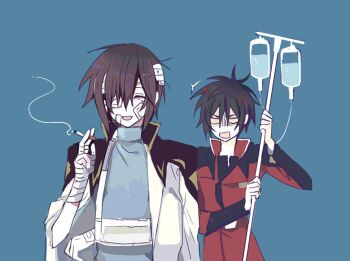 2boys :d arm_sling bandage_over_one_eye bandaged_hand bandaged_head bandages black_hair blue_background blue_shirt brown_hair cigarette closed_eyes coat coat_on_shoulders gauze gauze_on_cheek gundam gundam_seed gundam_seed_destiny hair_between_eyes holding holding_cigarette intravenous_drip iv_stand kira_yamato male_focus military_uniform multiple_boys open_mouth seed0x0 shinn_asuka shirt short_hair simple_background smile zaft_uniform
