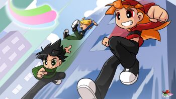 3boys backwards_hat black_hair black_pants black_shoes blonde_hair blue_shirt blue_sky boomer_(ppg) brick_(ppg) brothers building butch_(ppg) child closed_eyes coffgirl energy energy_tail falling green_eyes green_shirt grin happy hat highres long_hair long_sleeves multiple_boys orange_hair pants parted_bangs playing powerpuff_girls red_eyes red_hat red_shirt rowdyruff_boys shirt shoes short_hair siblings sky smile sneakers spiked_hair striped_clothes striped_shirt teeth white_shoes