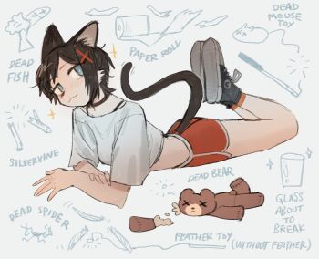 1girl absurdres akiko_(vakiko6) animal_ears blue_eyes blush cat_ears cat_girl cat_tail choker commentary dated english_commentary hair_ornament highres midriff original shirt short_hair short_sleeves shorts socks solo sparkle stuffed_animal stuffed_toy tail