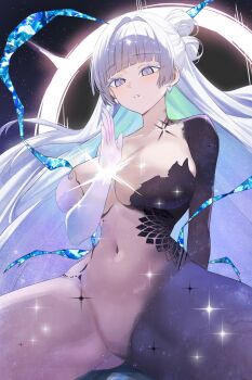 1girl absurdres bodysuit breasts colored_eyelashes colored_inner_hair earrings goddess_of_victory:_nikke green_hair hayron highres jewelry large_breasts long_hair looking_at_viewer mole mole_on_breast monk multicolored_bodysuit multicolored_hair navel nayuta_(nikke) sideboob skin_tight solo space_skin split-color_clothes spread_legs thick_eyelashes two-tone_bodysuit very_long_hair white_eyelashes white_hair