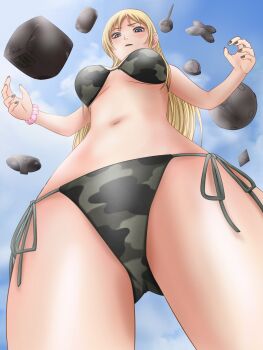 Rule 34 | 1girl, bikini, blonde hair, blue eyes, bomb, bracelet, breasts, btooom!, camouflage, camouflage bikini, explosive, from below, green nails, highres, himiko (btooom!), jewelry, large breasts, long hair, looking down, m o (prftz), nail polish, navel, sky, solo, swimsuit