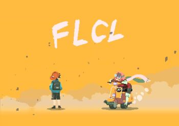 1boy 1girl animated backpack bag blue_hoodie boots child flcl goggles goggles_on_head haruhara_haruko hoodie motor_vehicle nandaba_naota ojaekay pink_hair pixel_art scooter shorts tagme vespa video white_boots wind yellow_background